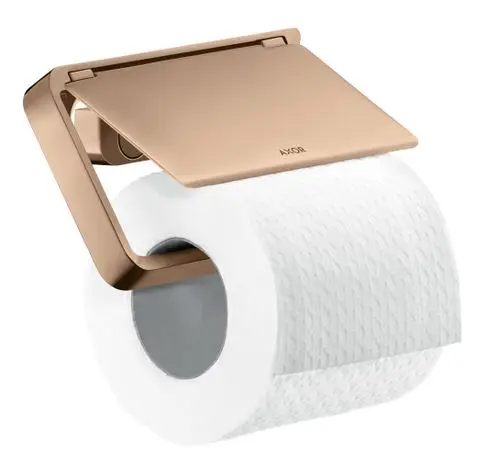 Toilettenpapierhalter mit Deckel in roségoldener Ausführung von AXOR, der eine Rolle Toilettenpapier hält. Die Halterung hat ein modernes Design und ist funktional.